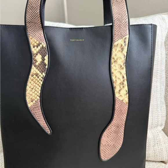 Tory Burch Black and Snake Print Tote - Picture 3 of 11